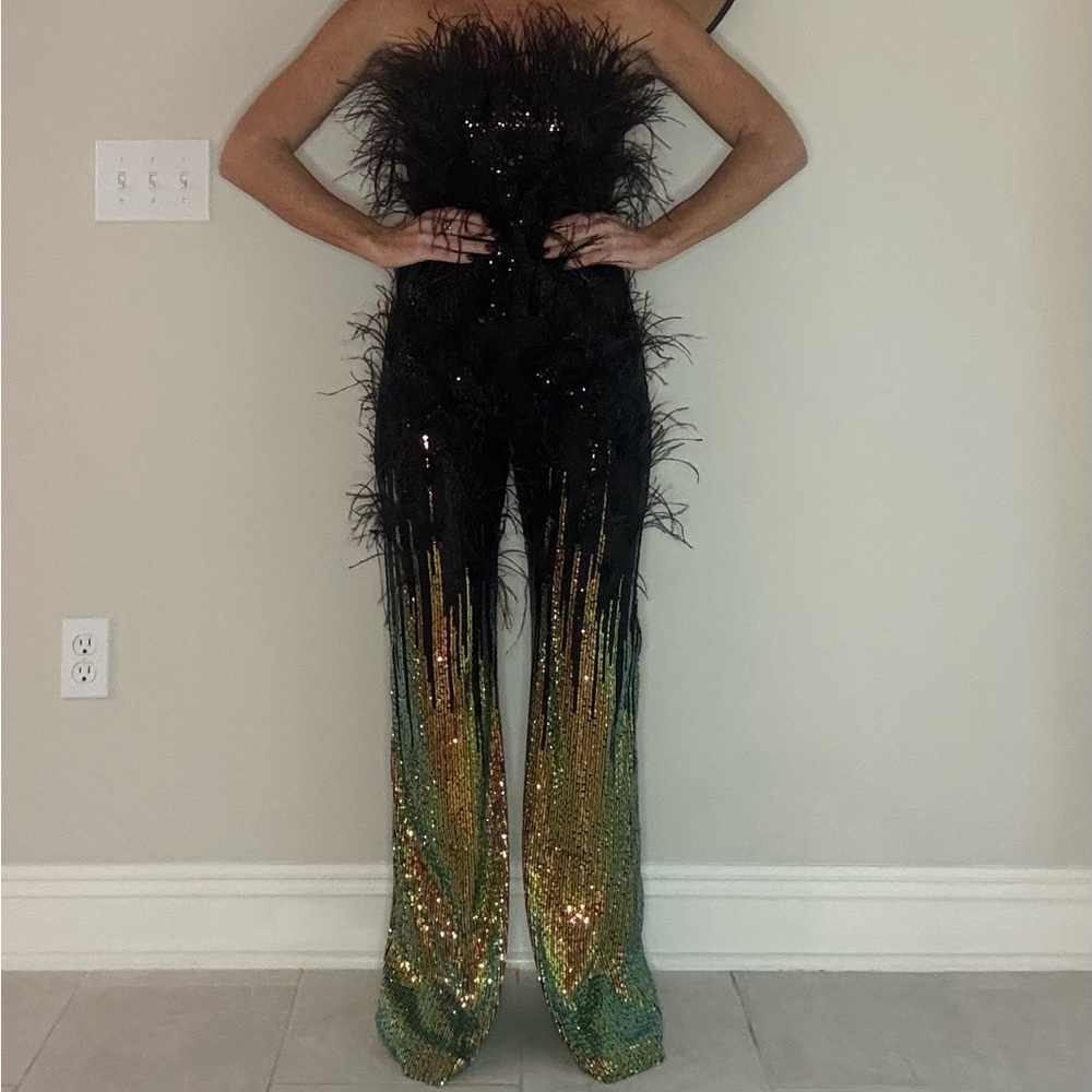 Elegant Black and Gold Feathered Jumpsuit